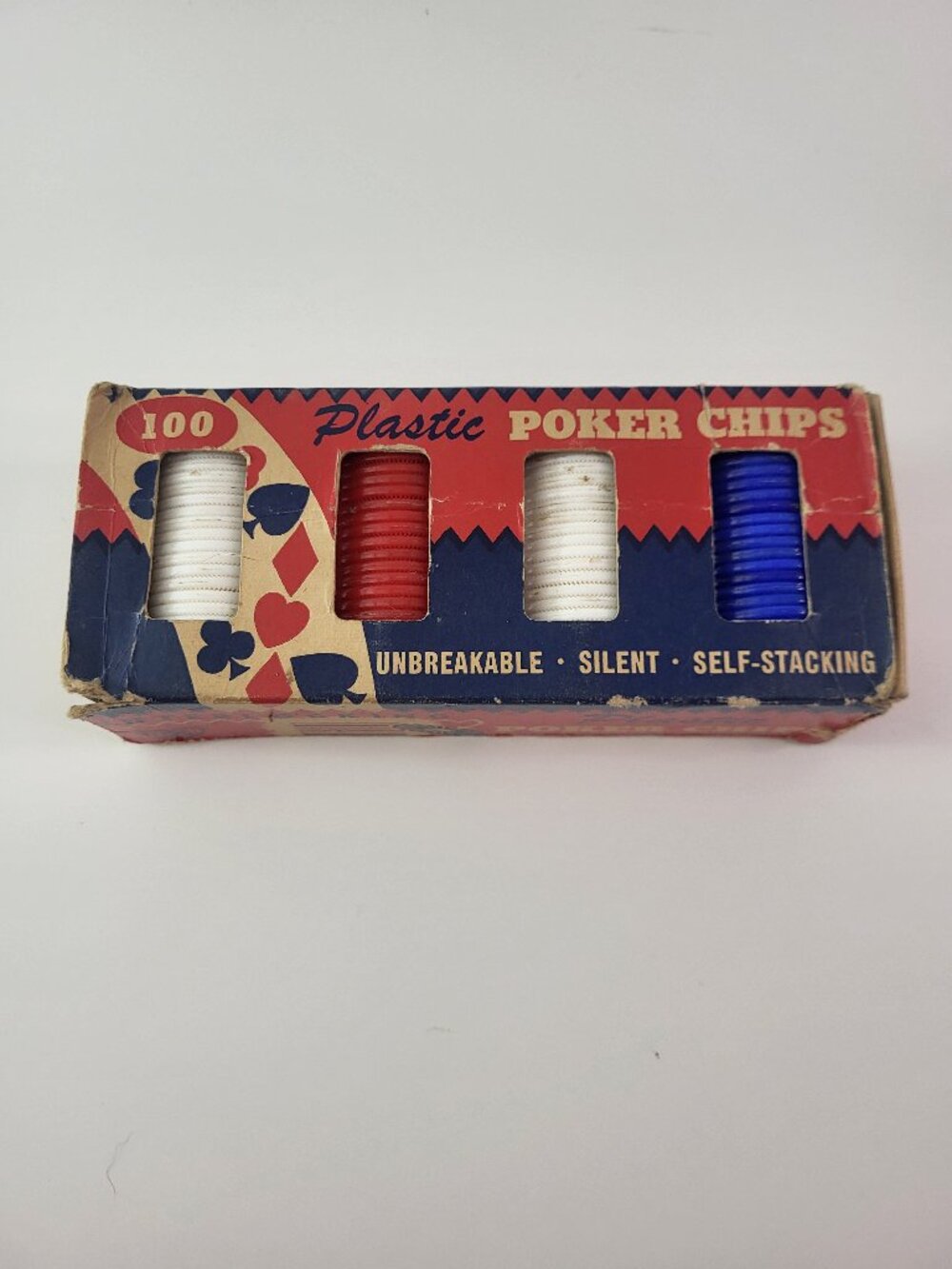 Vintage 100 Plastic Poker Chips Set Red White Blue Casino Game Night Poker Chips